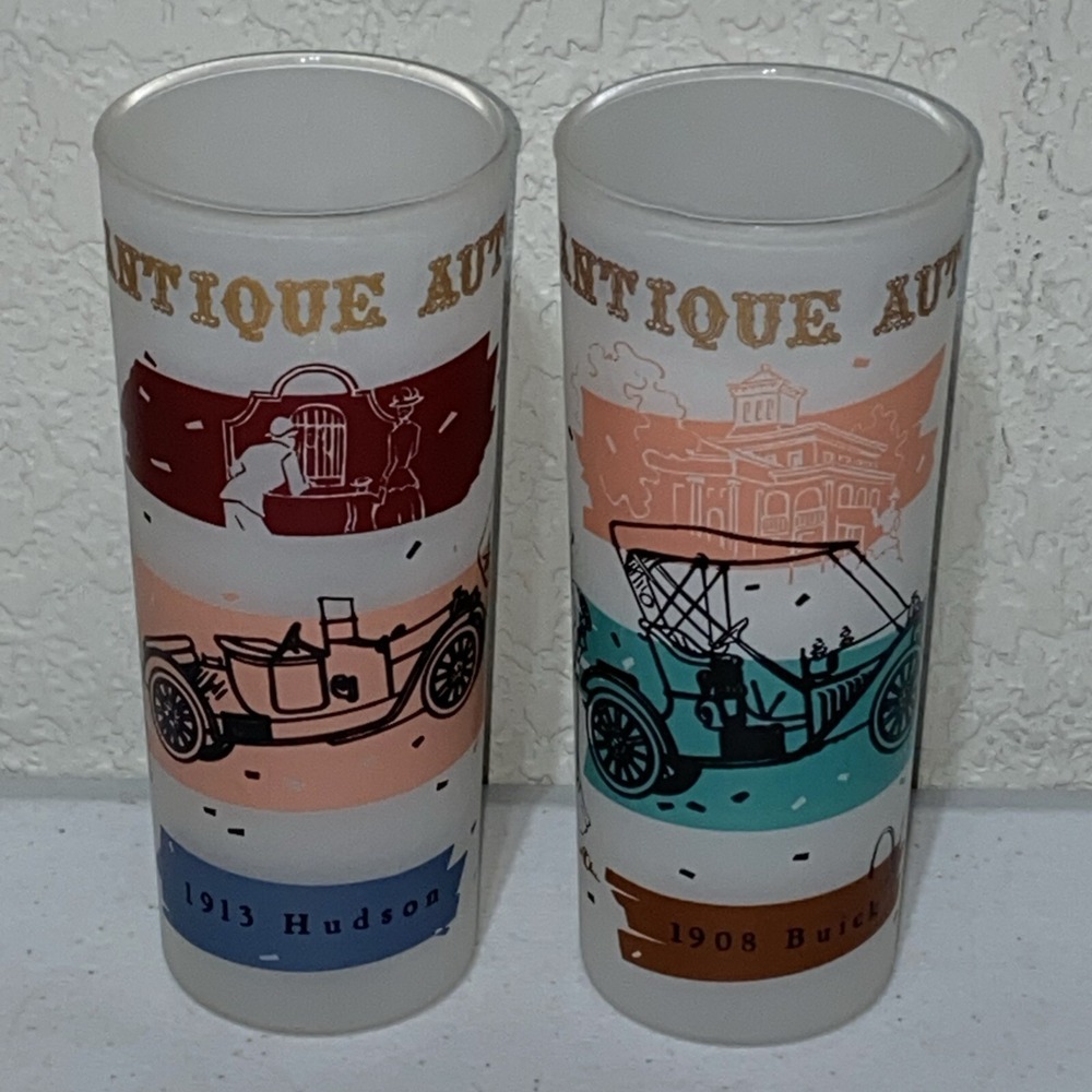 Vintage Frosted Glass Drinking Glasses Antique Auto Set 1908 Buick 1913 Hudson